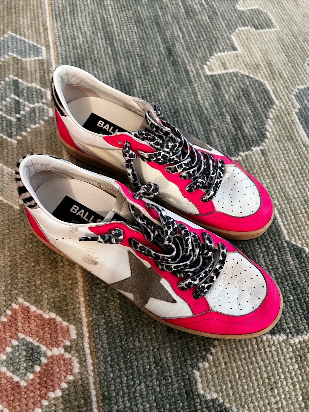Golden Goose Ball Star Sneakers Pink White Leopard Laces Size 39